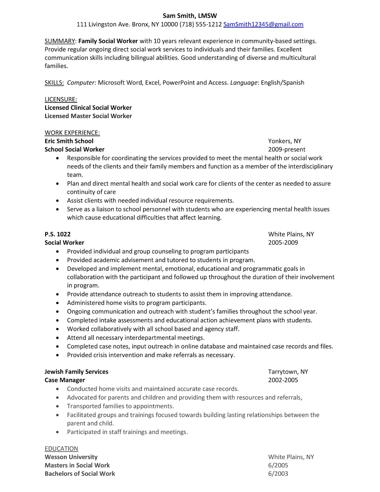 Resume template social work